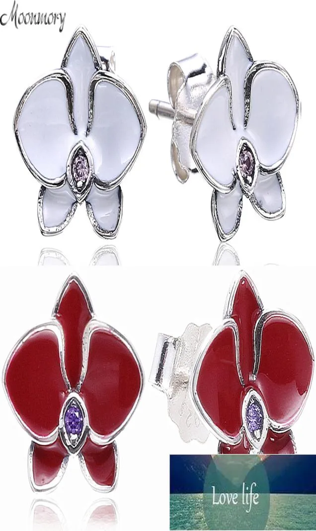 Moonmory 925 en argent Sterling orchidée boucle d'oreille avec émail blanc rouge pour femme mode fabrication de bijoux authentique Silver1790328