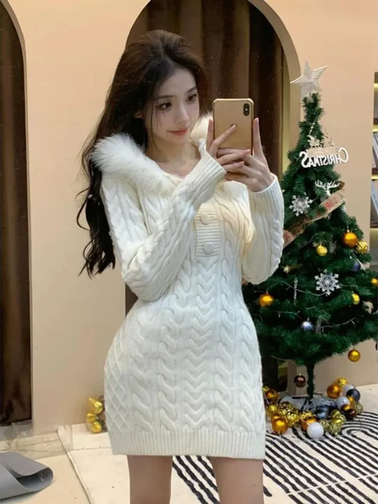 Vinter stickad tröja klänning huva kvinnor smala kroppskon y2k miniklänning faux päls kvinnlig klänning koreansk elegant 231226