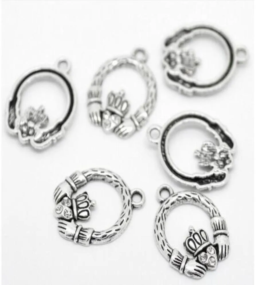 Bütün 100 pcs antik gümüş tonlu rhinestone claddagh ring cazibe kolyeleri 25x18mm takı bulguları DIY tam J05068085975