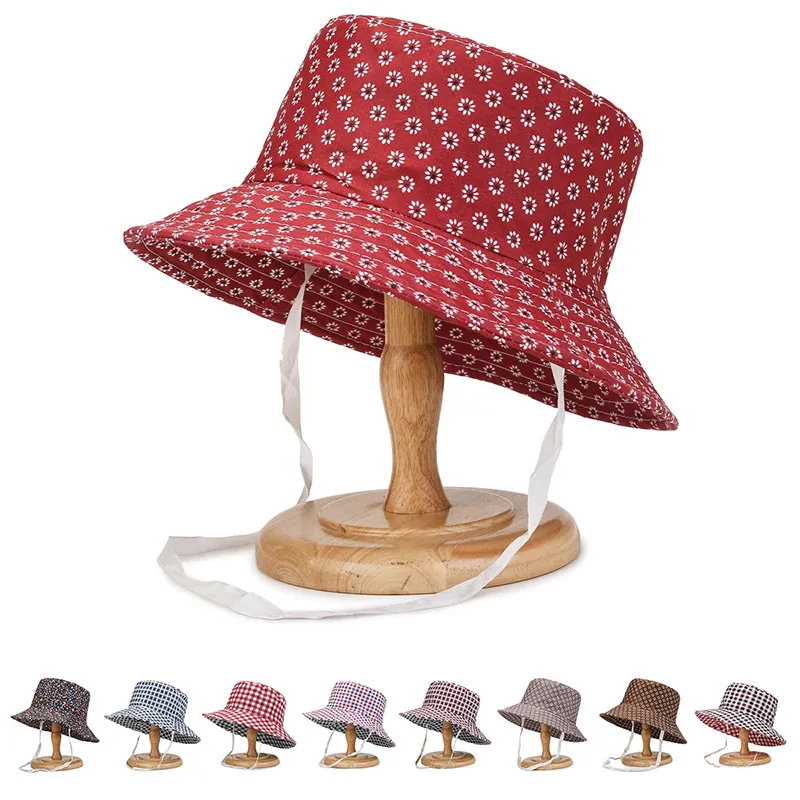 Damski wiosna wiosna i jesienna podwójna tkanina do noszenia w kratę Fisherman Hat Hat Solding Outdoor Sun Ochrona przeciwsłoneczna