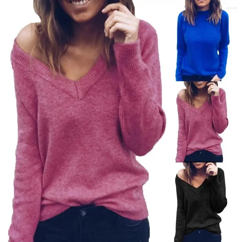 Kadın Sweaters Sonbahar ve Kış Kadın Kollu Seksi V-Yok Süvari Moda Basit Düz Renk Vahşi Gevşek Gevşek Yaka Külot Gömlek