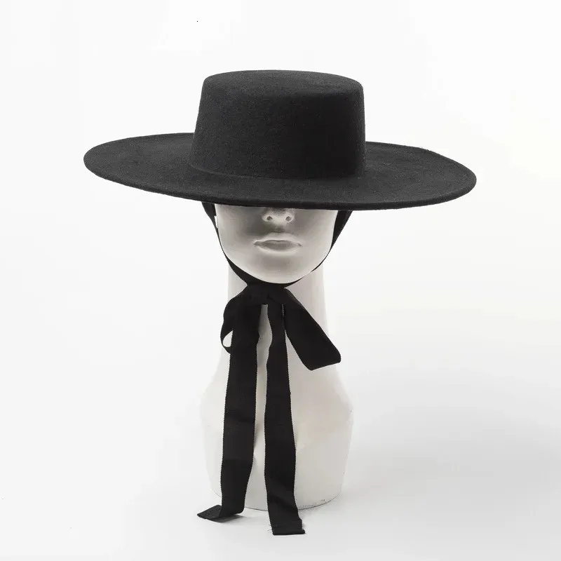Chapeau haut-de-forme en laine simple pour femmes, chapeau plat à bandage en feutre de laine, à la mode, 231225