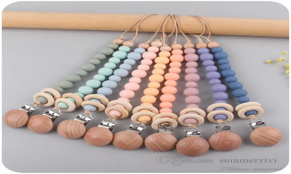 Clips de sucette pour bébé perles de silicone pour bébé porte-anneaux de dents chaîne enfants mamelon en bois apaiser sucette glisse clip factice 15 couleur Q4755221765