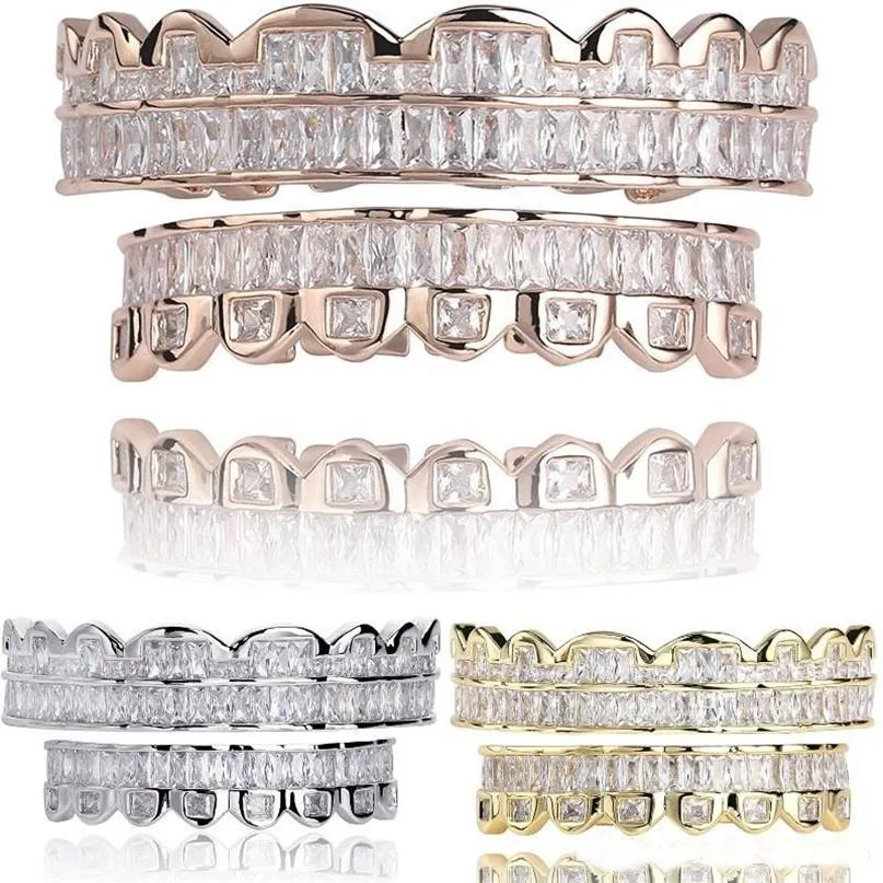 New Baguette Set Teeth Grillz Top & Bottom Rose Gold Silver Color Grills Dental Mouth Hip Hop Fashion Jewelry Rapper Jewelry211A