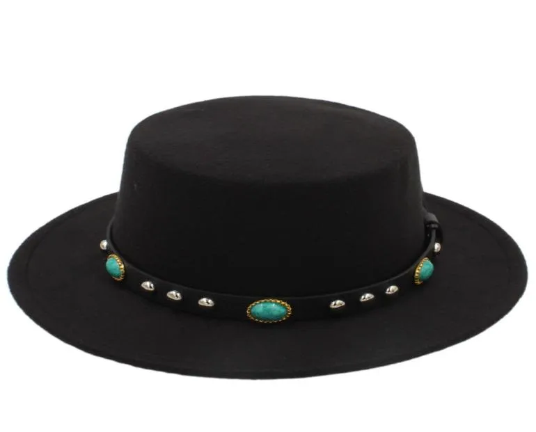 Mode Dames Wollen Bolhoed Boater Sailor Pork Pie Cap Turquoise Lederen Belt1457685