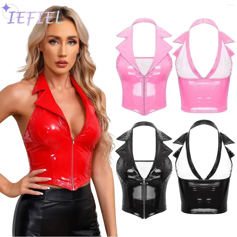 Damen Tanks Damen Gothic Steampunk Weste Tiefer V-Ausschnitt Frontreißverschluss Slim Fit Weste Sexy Nachtclub Party Clubwear Latex Crop Tops XXXXL