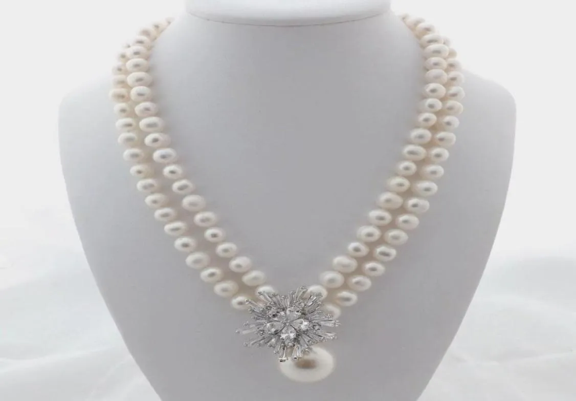 Charming 2strands 78mm white freshwater pearl necklace micro inlay zircon accessories shell pendant long 4548cm6758657