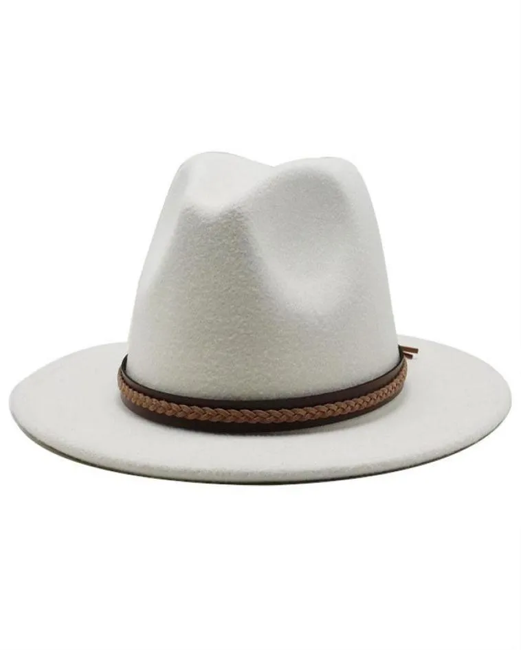 Neue Herren Damen Fedora-Panama-Hut aus Wollfilz mit breiter Krempe und Gürtelschnalle, Jazz-Trilby-Kappe, Party, formeller Zylinder in Weißschwarz7837727