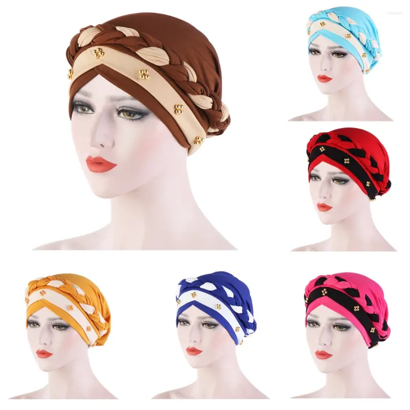 Etniska kläder Braid Turban Muslimsk kvinnor Hijab Hat Cancer Chemo Cap Beads Headscarf Islamic Head Wrap Lady Beanie Bonnet Hårförlust