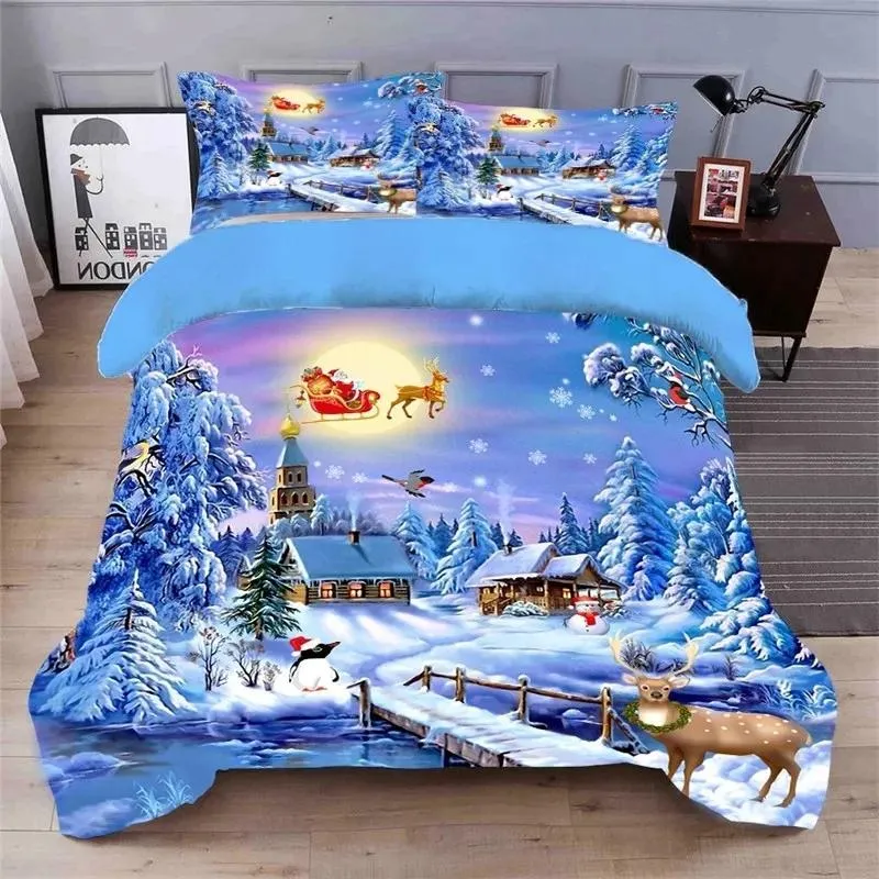 Uppsättningar Hem Kid Healthy 3D Sängkläder Set Blue Color Linings Däcke täcker Bedark Kuddfästen Julgran och snöhjort 210319