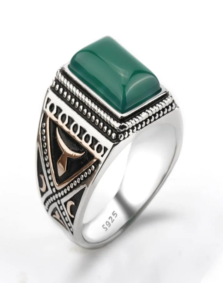 Anillo de piedra geométrica de ágata verde con ajuste de Plata de Ley 925, estilo Punk para hombre, anillo de dedo Jewelry4001638