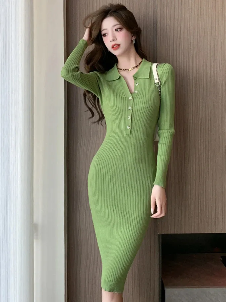 Autumn Winter Sticke Long Dress Women Clothing Elegant Pretty Sweater Långärmad mager Midi Robe Mujer Vestidos 231226