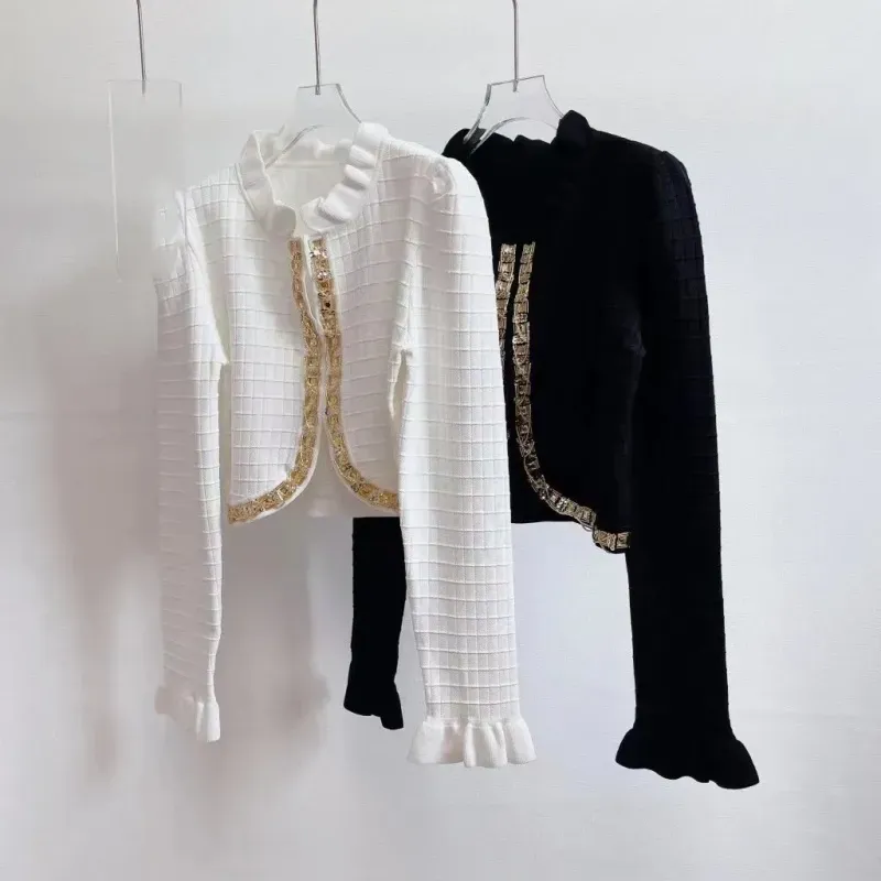 Femmes Designer Printemps Vestes Imprimé Boucle En Métal Tricoté Mode Slim Fit Blanc Broderie Cardigan À Manches Longues Top Qualité