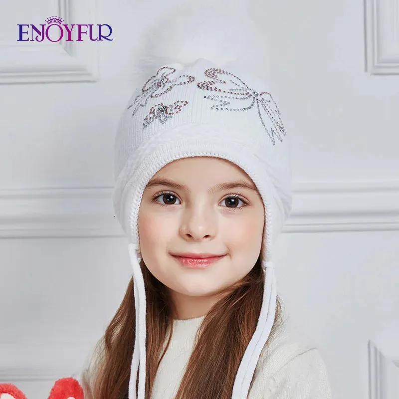 ENJOYFUR s BowKnot Children Winter Hats Real Fur Pompom Knitted Hat Girl Beautiful Pink Girls Beanies Autumn Caps 231225