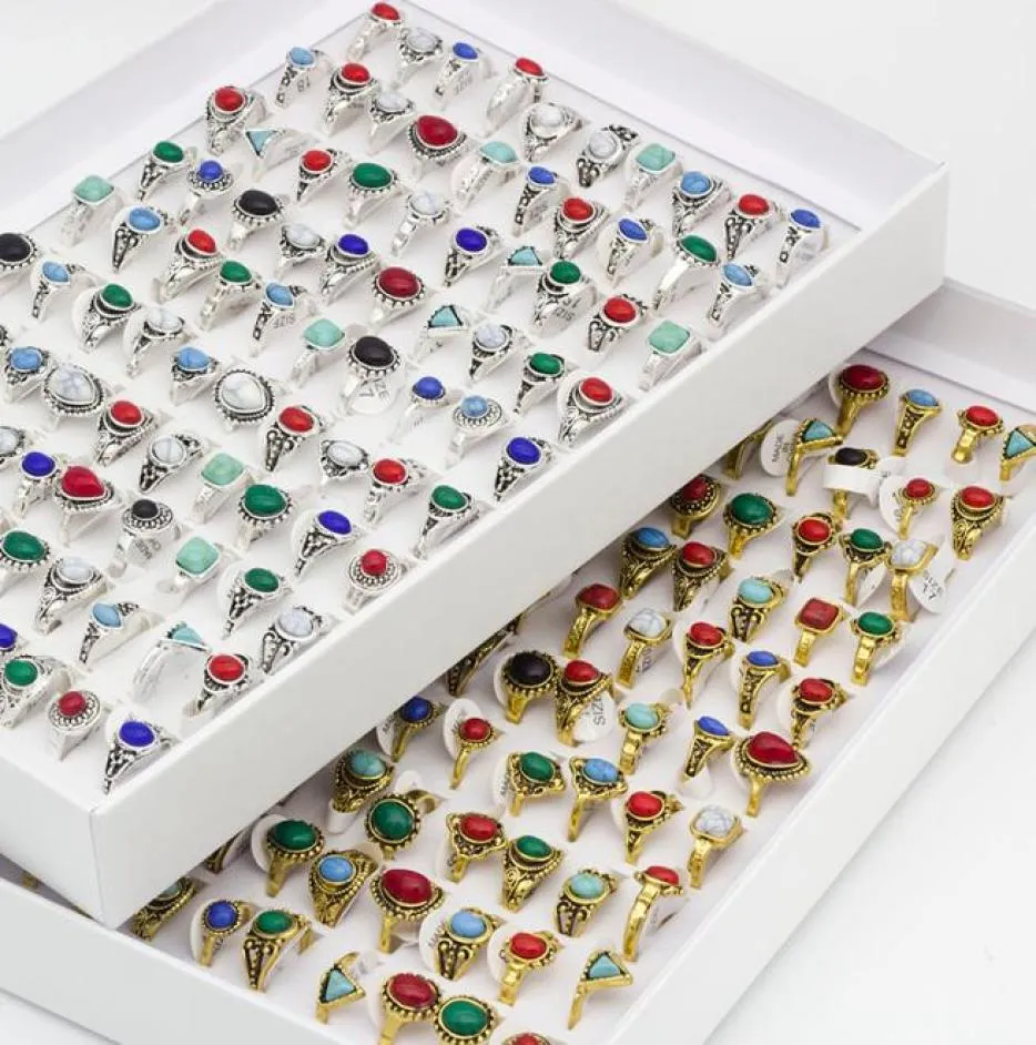 50PCS Antyczne srebrne kolory zabytkowe pierścienie w stylu w stylu z mieszanymi kamieniami dla kobiet5284509