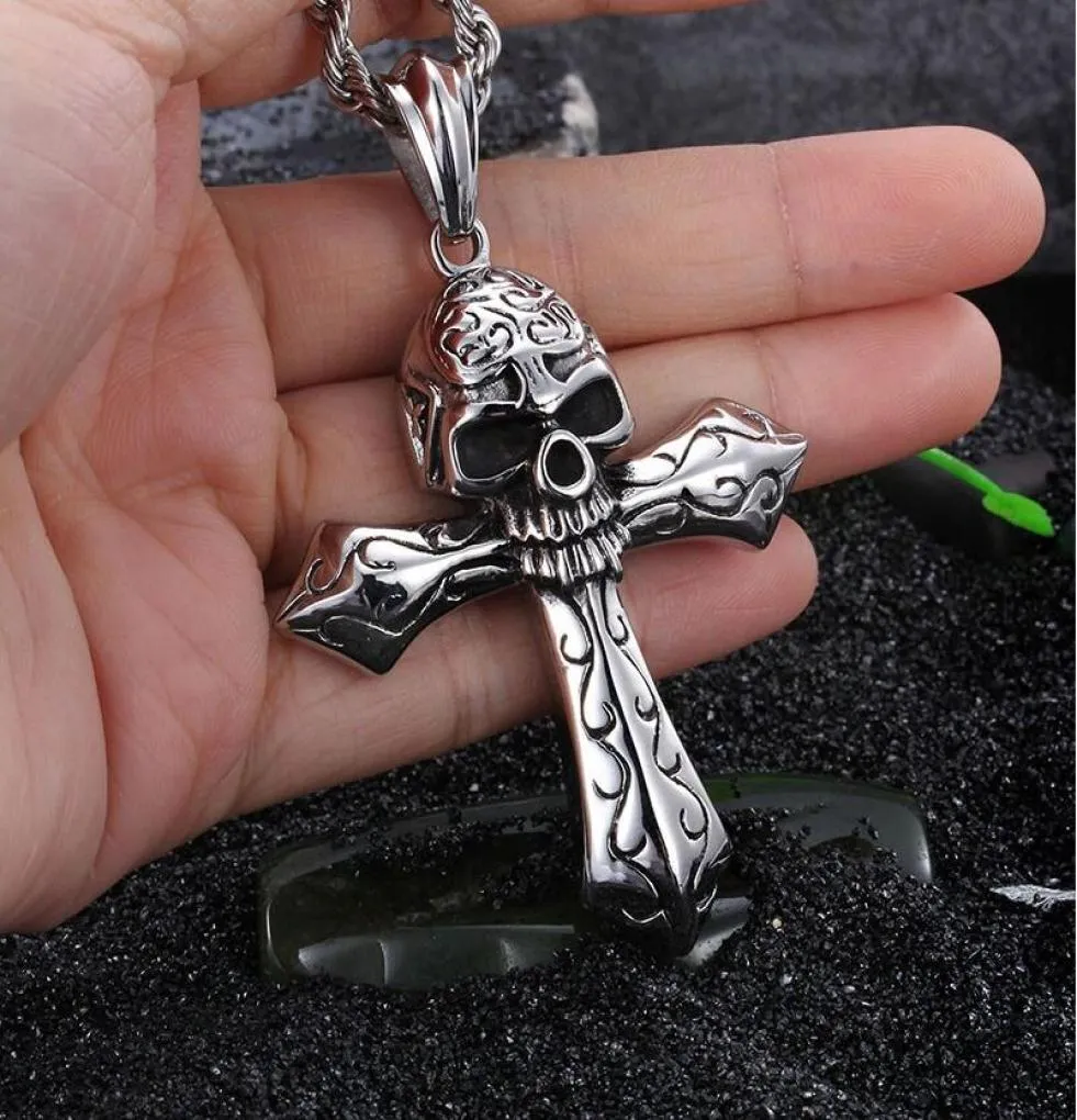 Cool Large Biker 316L RVS Skeletschedel Hanger Heren Touw Ketting Gothic Sieraden 24'' Vine7678399