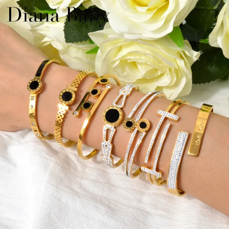 Diana Baby Black Roman Numerals Zircon Gold Plated Stainless Steel Bracelets For Women Ready Top Quality Elegant Wear Jewelry 231226