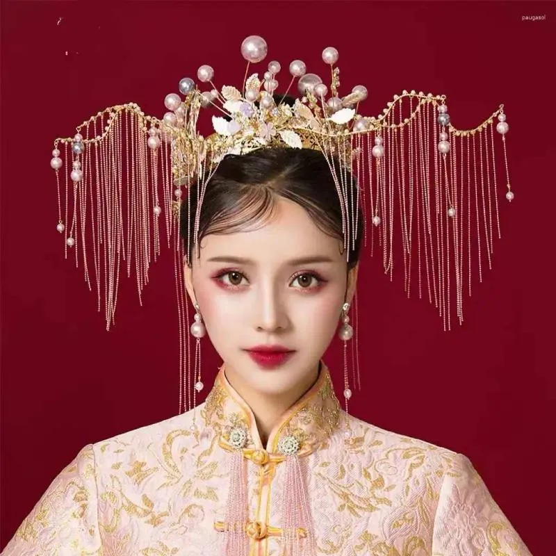 Fermagli per capelli Sposa in stile cinese di lusso con nappa dorata, corona di fenice, abito da sposa, drago e cappotto, accessori per copricapo