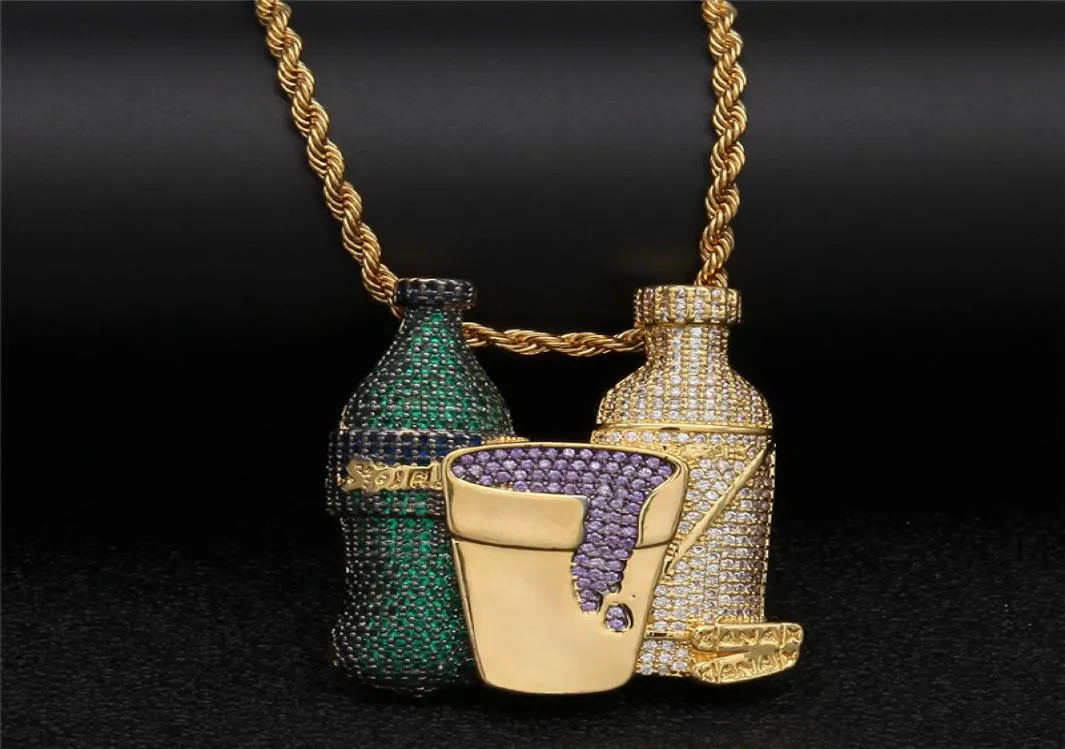 Hip Hop Iced Out Sprite Bottle Purple Cup Combo Colgante Collar Oro Plata Color Cubic Zircon Men039s Jewelry8633444
