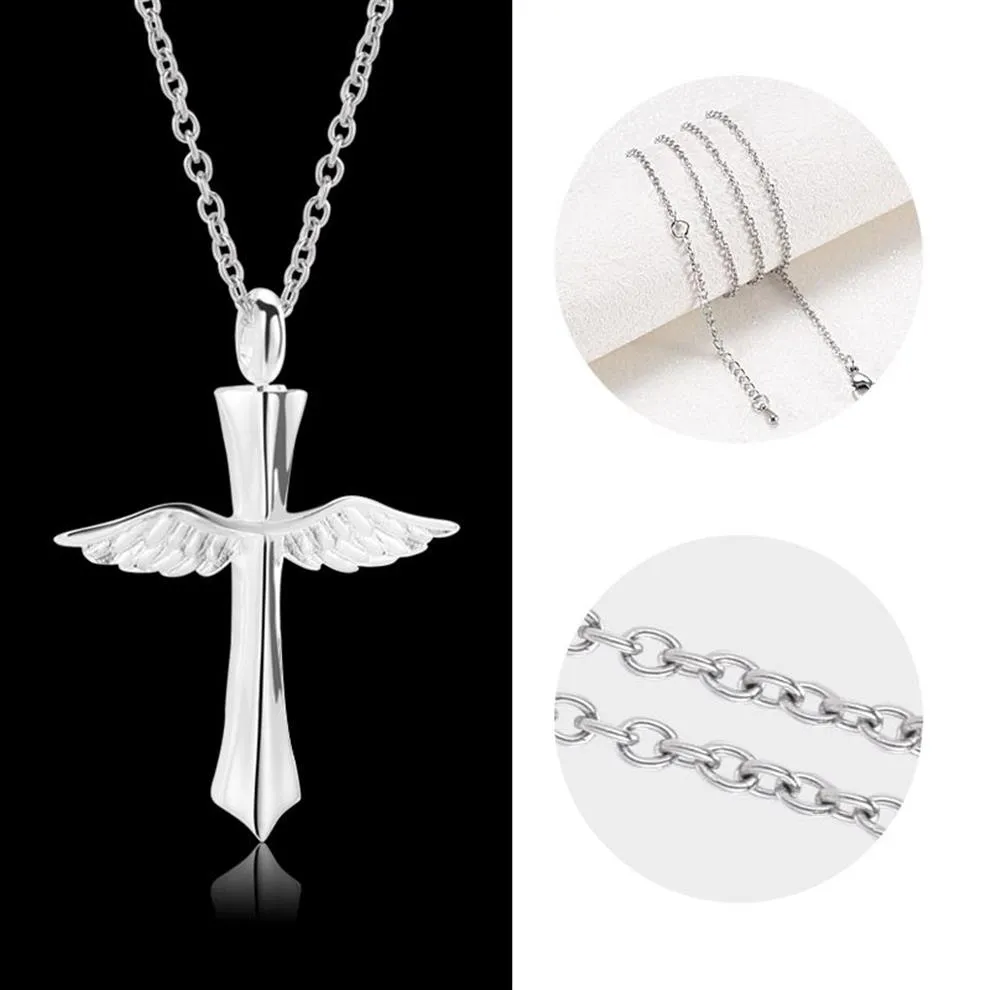 Nouveau angle ailes croix crémation cendres commémoratives urne souvenir en acier inoxydable pendentif collier bijoux pour hommes ou femmes 269u