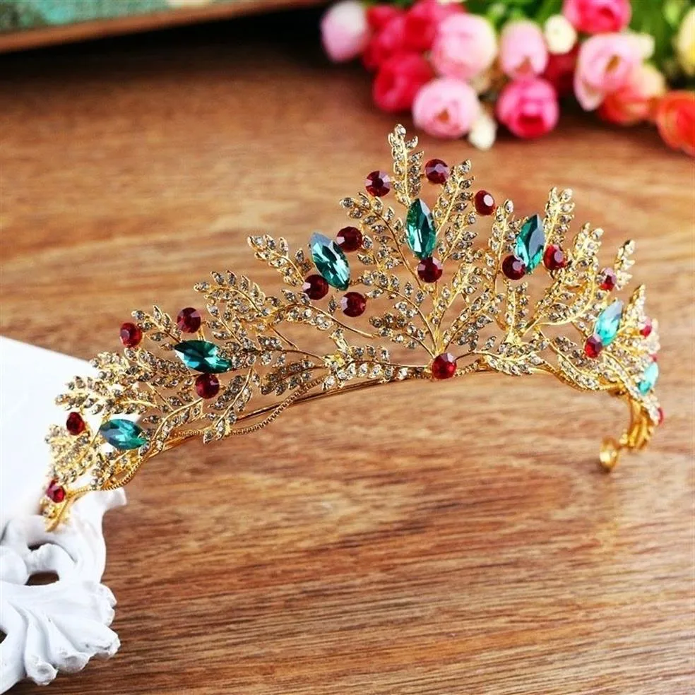 Vintage oro strass verde rosso cristallo diadema nuziale corona fatta a mano Noiva diadema copricapo accessori per capelli da sposa JL T182y