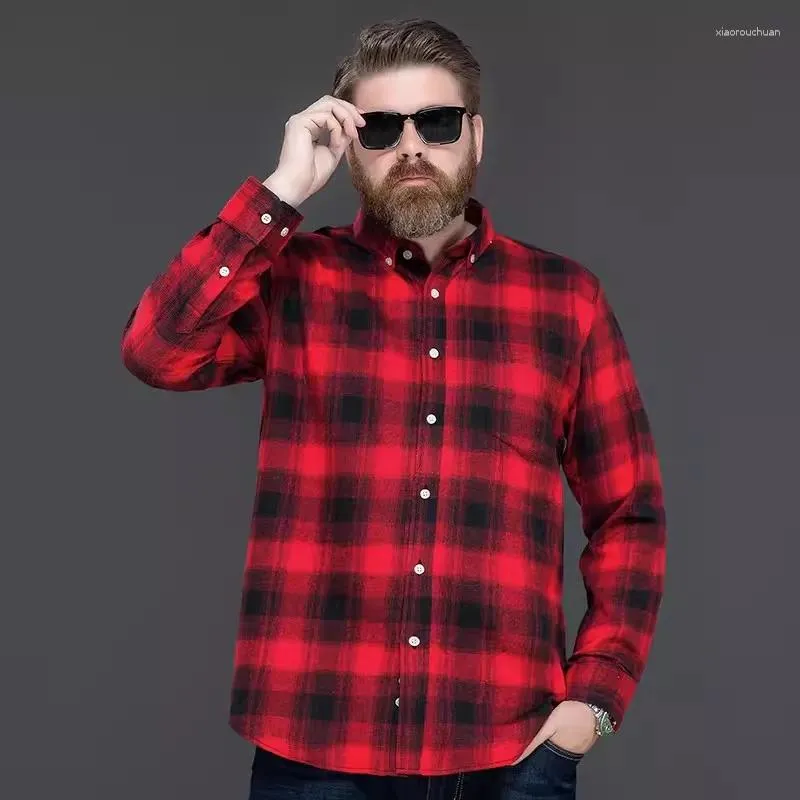 Men's Dress Shirts Autumn Spring Winter Men Plaid Long Sleeve High-quality Cotton Shirt Plus Size 12XL 10XL 78 76 74 72 70 Pockets