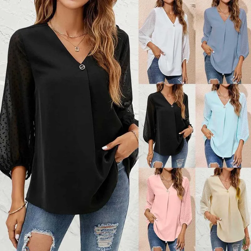 Kvinnor Bluses Womens Summer Chiffon V Neck Long Sleeve Blus Casual Loose Work Business Floral Shirts Tunic Tops