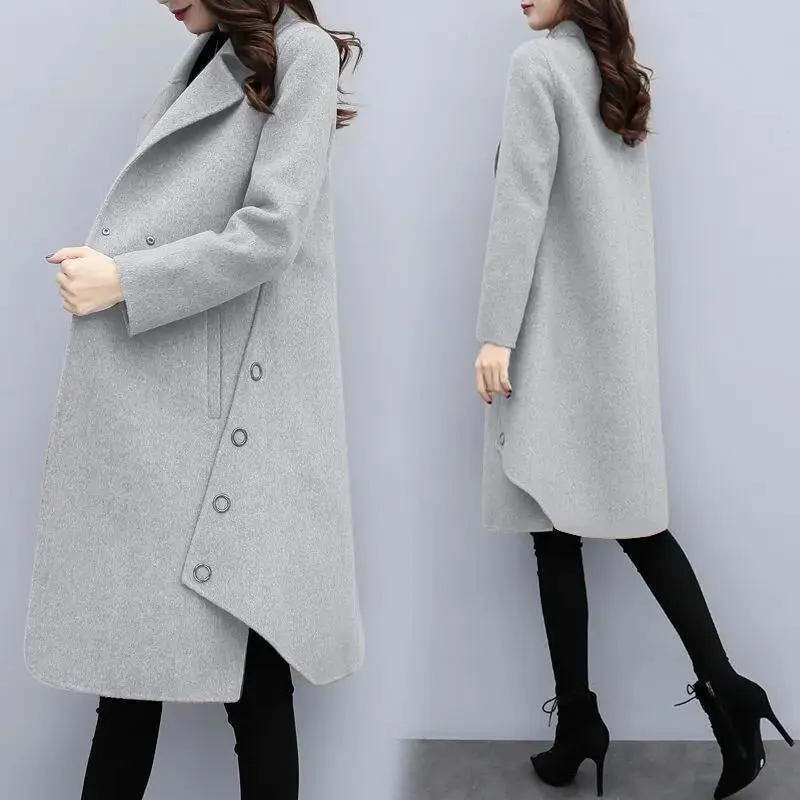 Women's Wool Mid Length Windbreaker Coats Ladies Winter Button Woolen Jacket