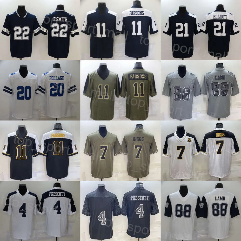 Piłka nożna 88 Ceedee Lamb Jerseys 4 Dak Prescott 21 Ezechiel Elliott 20 Tony Pollard 11 Micah Parsons 7 Trevon Diggs Niebieski biały Święto Dziękczynienia Armia Zielona Rush