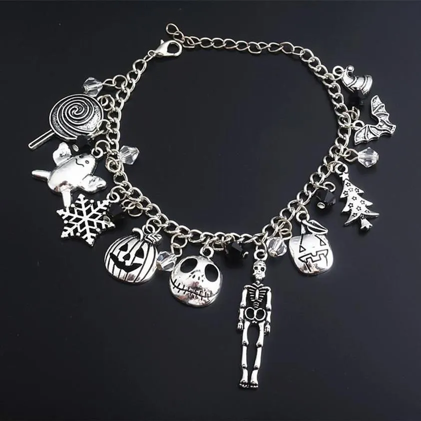 Link Chain The Nightmare Before Christmas Bracelet Jack Skellington Snowflakes Pumpkin Skull Charms Bangle Bracelets Halloween Je2708