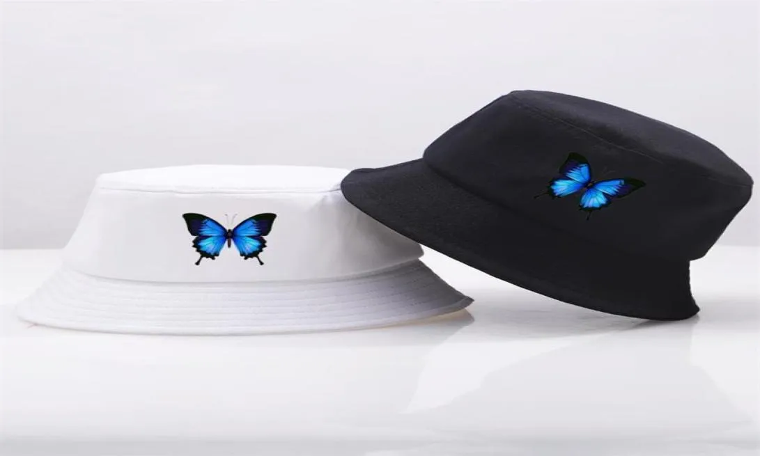 Blue Farterfly Harajuku Fisherman039s Hats Sunscreen Casual Beach Sun Cap Outdoor Unisex Bucket Hat Foldbar Cotton Panama Caps8885096