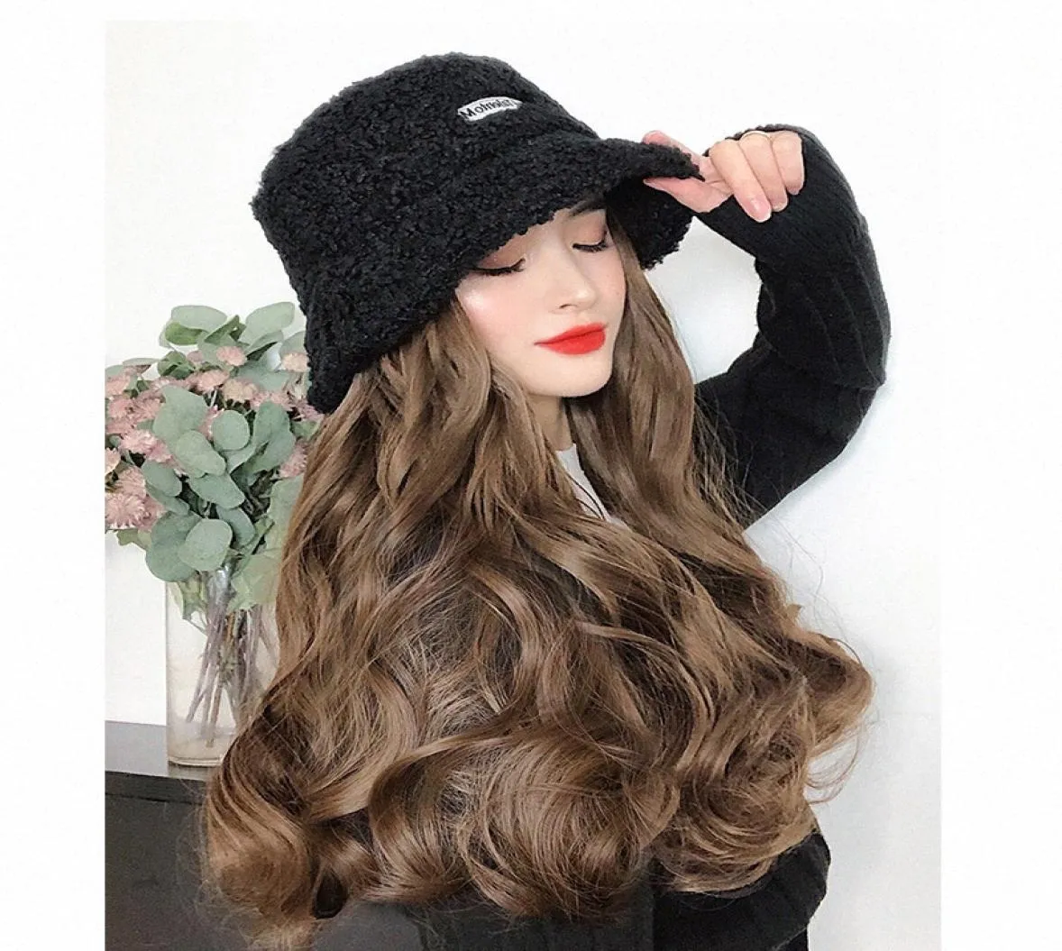 Wig female long hair hat wig one fashion long curly net red fisherman hat with hood autumn winter natural full hood black qKKb8613388