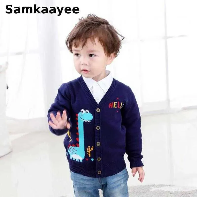 Pullover 39y Kids Cardigan Baby Sweater Spring Autumn Boys Girls Knitted Clothing Children VNeck Top Cartoon Clothes Dinosaur Knitwear Y1