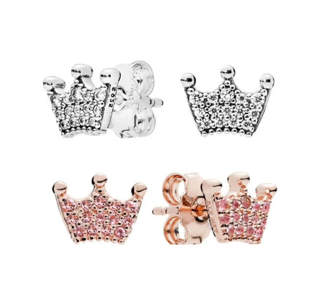 أزياء جديدة CZ Diamond 18K Rose Gold Stud أقراط لـ 925 Silver Magic Crown مربع الهدايا الأصلي مجموعة للنساء Girls3279071