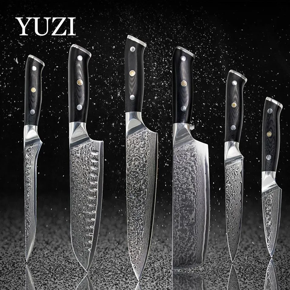 YUZI Eamascus Knowern Knves Ustaw 6pcs Chef Lnife Professional Japan Sankotu Cleaver Bone Utility Paring Tools244G