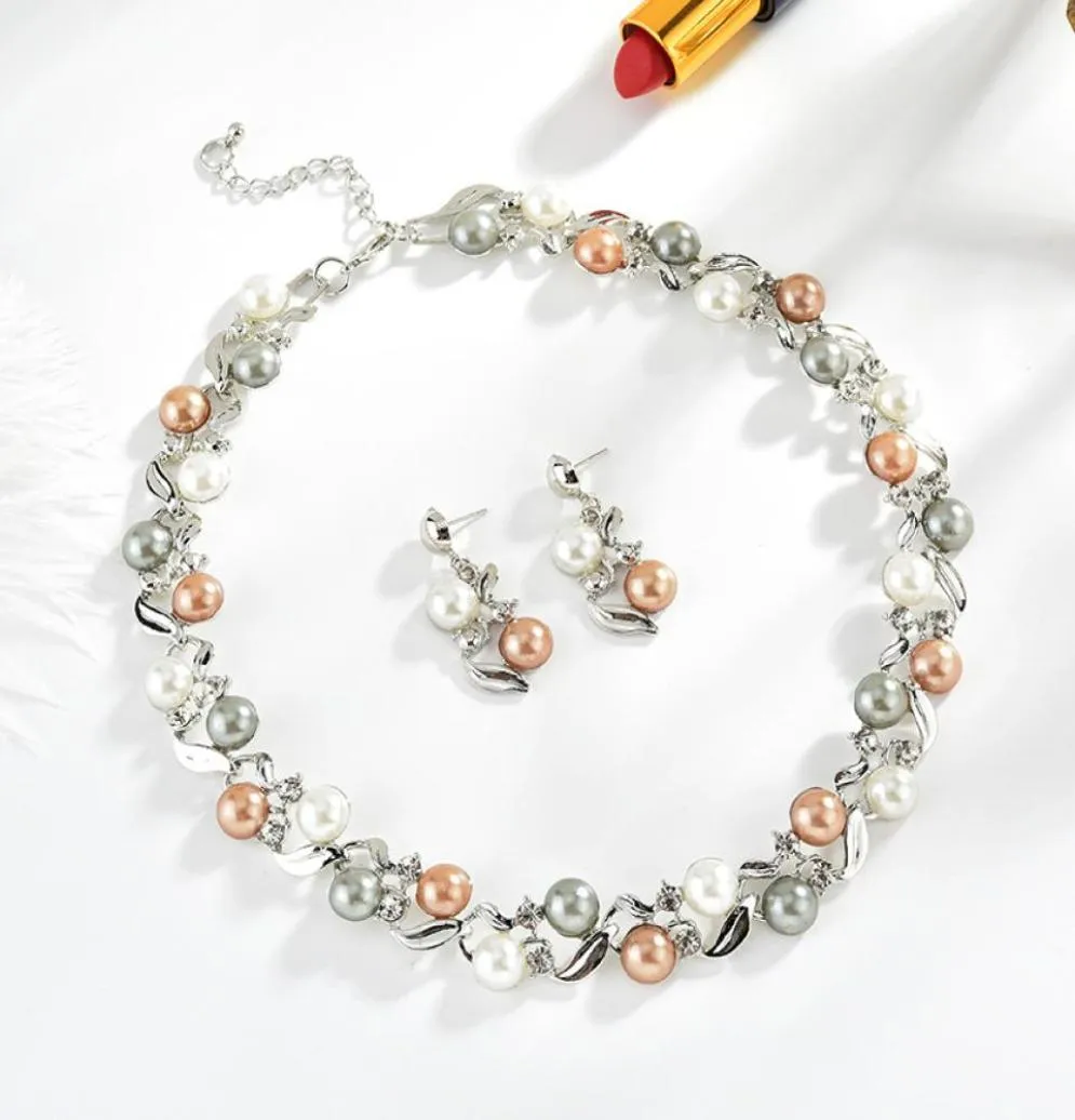 New Europe Fashion Party Casual Jewelry Set Women039s Faux Pearl Rhinestone Leaves Halsband med örhängen S982858212