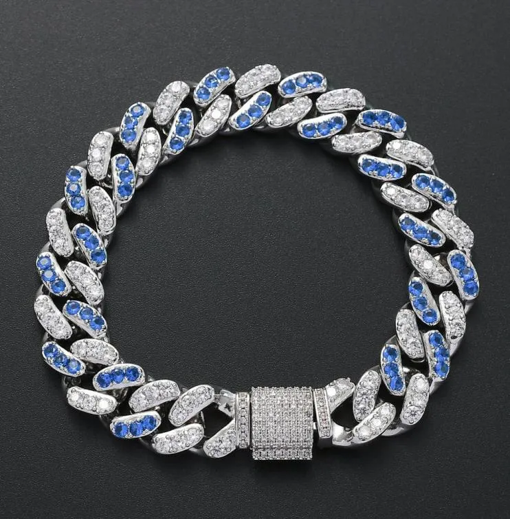 Nieuwe Mode Charme Bling Iced Out Blue Crystal CZ Armband Zilver Zirkoon Hiphop Sieraden 12mm Cubaanse Link Chain Armbanden voor Vrouwen M3933170