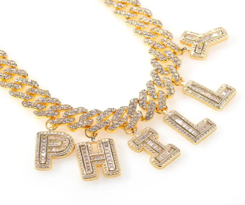 Anpassade namn Baguette Letters With Miami Cuban Link Chain Pendant Necklace Full Bling Punk Hiphop Jewelry4590874