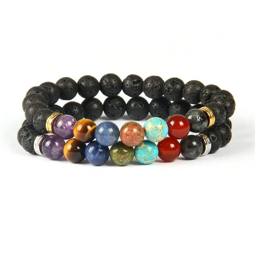 Nouveau Design de haute qualité perles de pierre de lave 7 Chakra pierre de guérison cours de Yoga Bracelet de méditation pour les Couples cadeau 270q