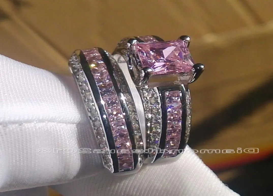 WholeWhole Mode-sieraden 10kt Wit Goud Gevuld Princess Cut Roze Saffier Edelstenen Vrouwen Bruiloft Bruidspaar Ring S1658165