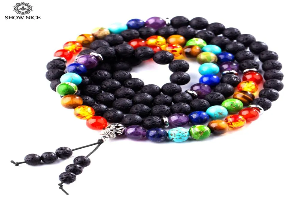 MOSTRA NICE Gioielli in pietra naturale 8MM Lava Healing 108 Preghiera buddista Mala Beads 7 Chakra Collana braccialetto per donna Uomo Gifts1503464