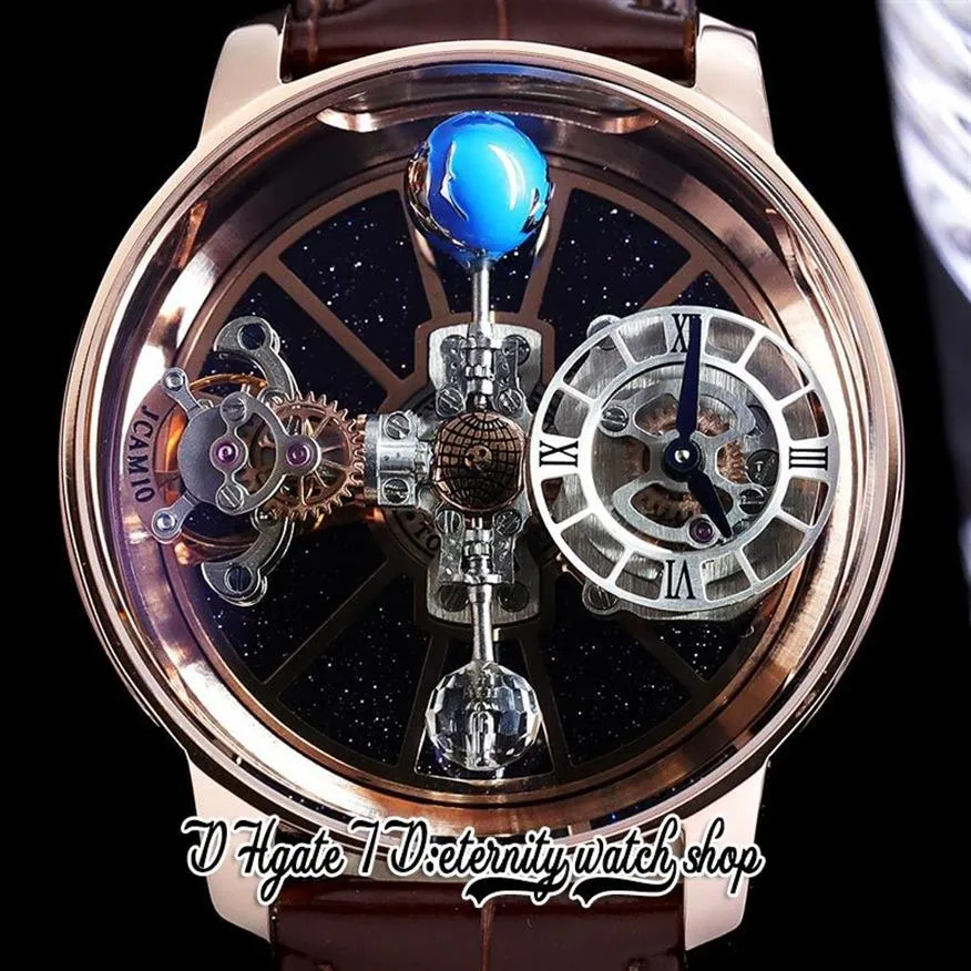 BZF Astronomia Tourbillon Swiss Quartz Mens Watch Rose Gold Steel Case Skeleton 3D Globe Dial Won't Spin Brown Leather 2358