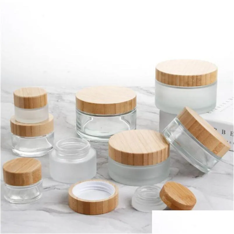 Cream Jar Wholesale Frosted Glass Cream Jars Natural Bamboo Lids Empty Refillable Cosmetic Container Bottles Sample 5G 15G 3 Dhgarden Dhfgm