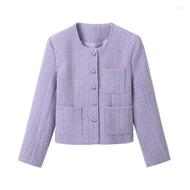 Giacche da donna Cappotto corto da donna coreano viola solido Cappotto da donna corto di alta qualità O-collo Slim Lady Abiti dolci Autunno Elegante bottone Donna Giallo francese