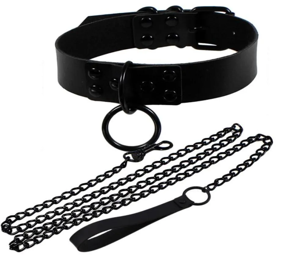 Chokers Mode Sexy Klinknagel Vrouwen Man Donker Zwart Punk Gothic Alter Slave PU Leer Trekkabel Ketting Bondage Ketting sieraden8860076