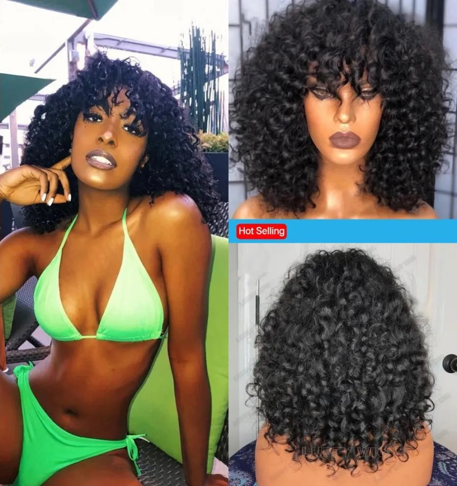 Korta kinky curly bob spets främre mänskliga hår peruk för kvinnor glueless 13x4 syntetiska frontala stängning peruker med bangs2281355