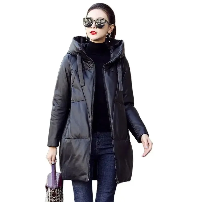 Verdicken Schnee Parkas Winter frauen Warme Mit Kapuze PU Leder Jacke Schwarz Lose Lange Mantel Winddicht Weibliche Baumwolle Leder Mantel 231226