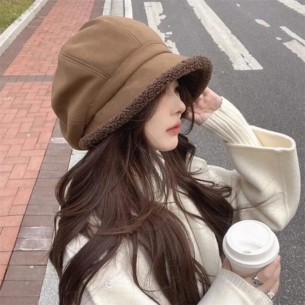 Winter Hats for Women Suede Bucket Hat Plus Velvet Lamb Hair Caps Outdoor Warm Thick Beret Wide Brim Windproof Cap 231226