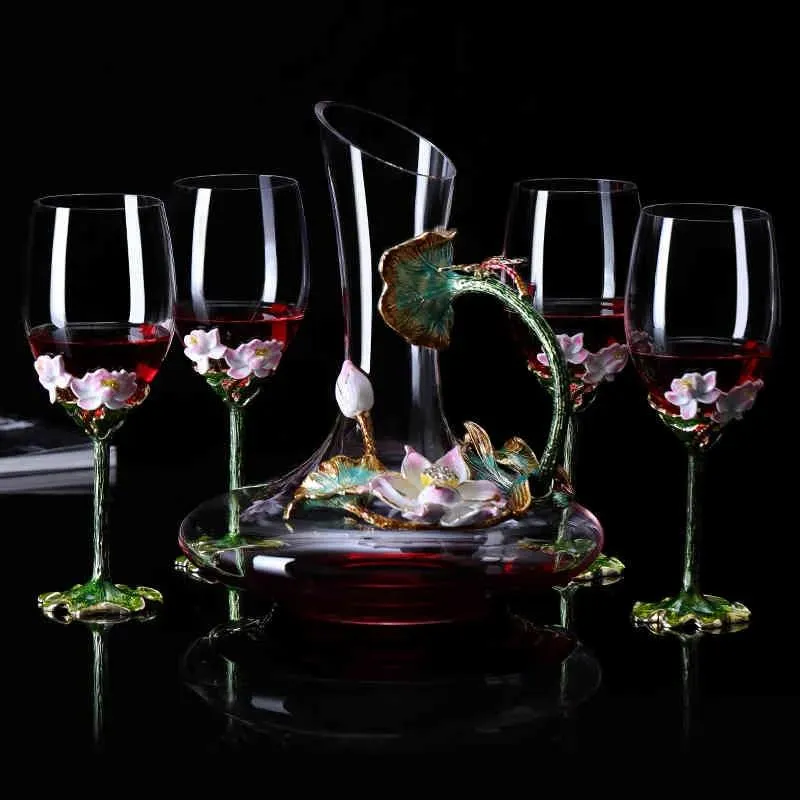 Glasses Household Enamel Red Wine Glass Decanter Set, Lotus Wine Glass, Champagne Glass, Goblet Wedding Gift 210326