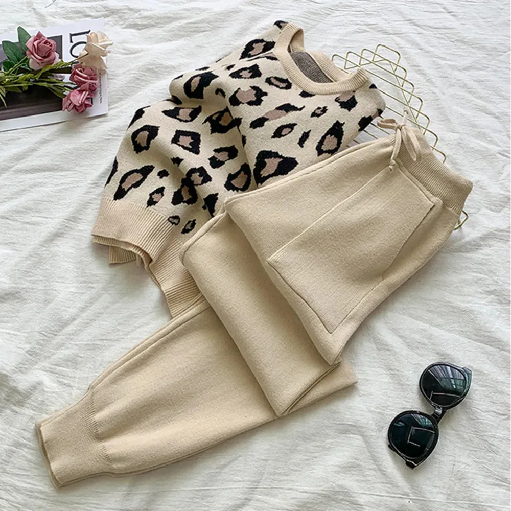 HMA Women's Long Sleeve Knit Leopard Pullover Sweaterselastic Midje Pants Set Fashion Trousers Two Piece Costumes Outfit 231225